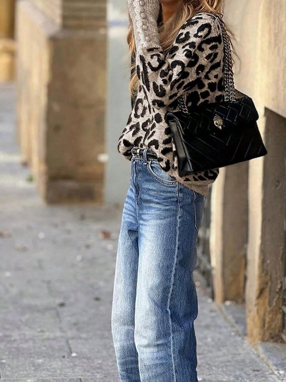 Multicolor Casual Women's Round Neck Lace detailed Leopard Print Knit Sweater - Picture 5 of 10